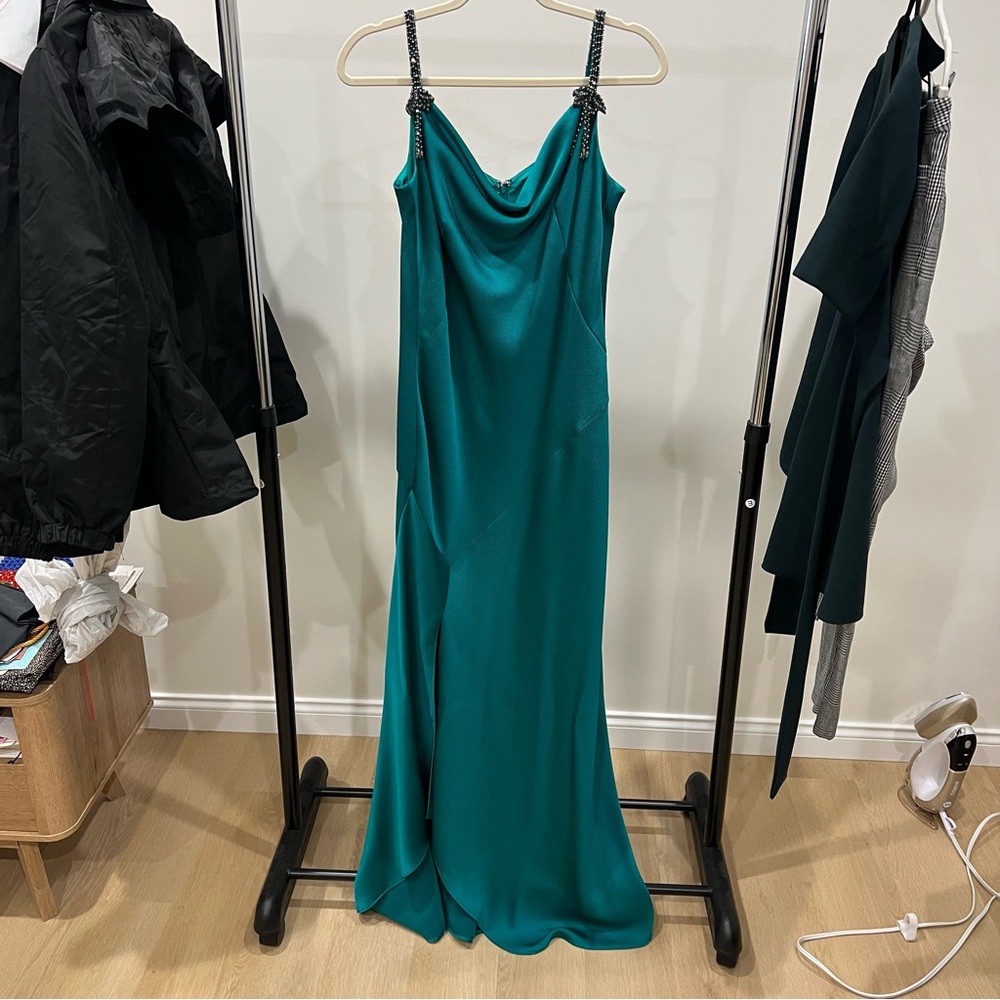 Teri Jon Emerald Green Cowl Neck Slip Dress with Chain Straps